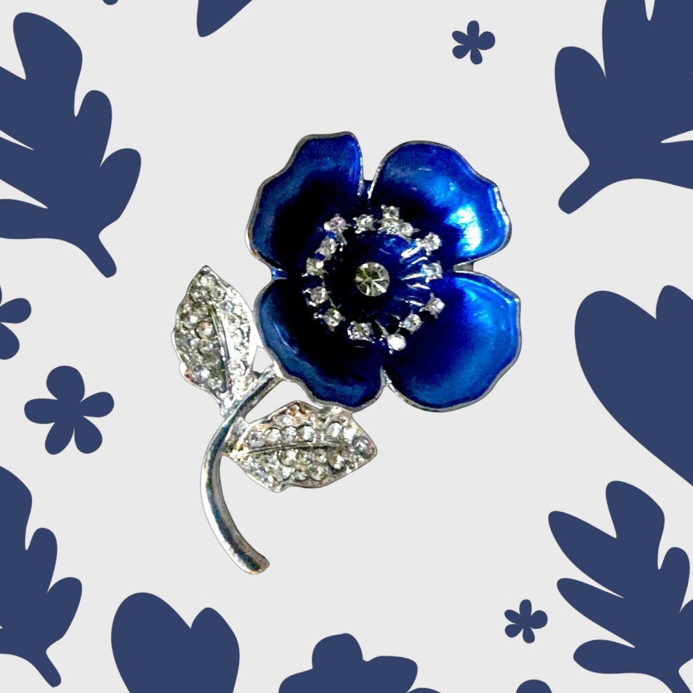 Blue Floral Brooch with Silver Accents